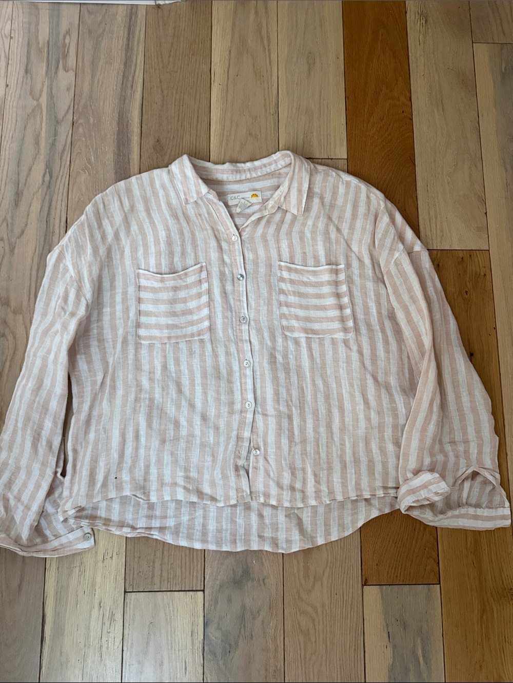 C&C California Pink and White Striped Linen Button-Down Shirt